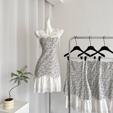 A line Spaghetti Straps Blue Sleeveless Floral Dress Short Holiday Dresses SD280
